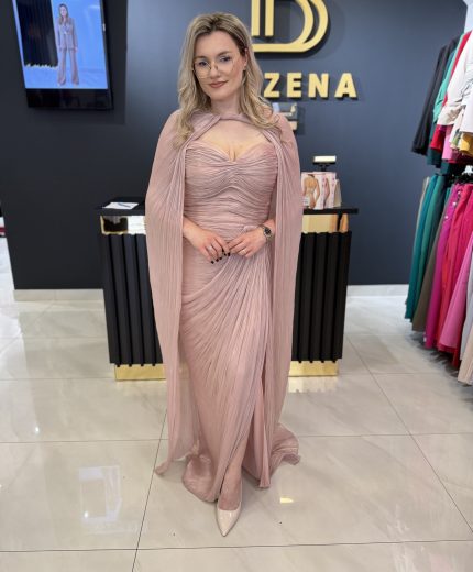 Rochie lungă elegantă roz pudră model Miriam